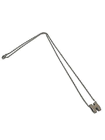 Hermès HERMES Mini Pop H Necklace, Metal Pendant Choker, Silver/Beige, 35861 (view 1)