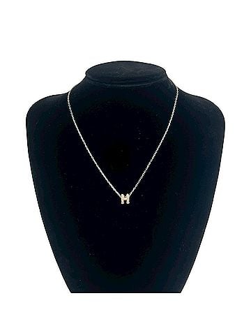 Hermès HERMES Mini Pop H Necklace, Metal Pendant Choker, Silver/Beige, 35861 (view 2)