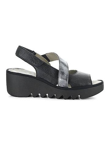 FLY London Women's Basy Wedge Sandal in Black/Graphite (view 2)