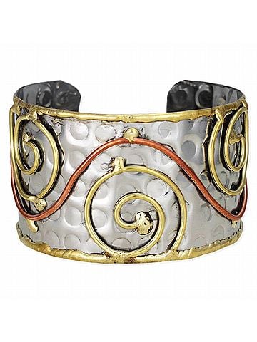 Zad Women's Mixed Metal Hammered Cuff Bracelet in Silver Gold Copper Wire Spirals (view 1)