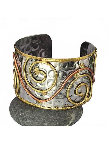 Zad Women's Mixed Metal Hammered Cuff Bracelet in Silver Gold Copper Wire Spirals (view 2)