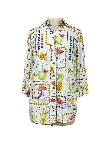 Calypso St. Barth Tropical Fruit Print Tunic Long Sleeve Button-Down Shirt (view 1)