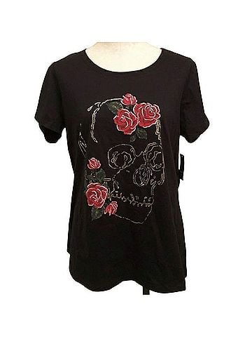 Torrid Gold Foil Skull and Rose Black T-Shirt T-Shirt (view 1)