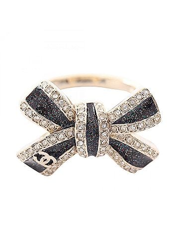 Chanel Chanel Coco Mark Ribbon Ring - Gold Plated (GP) with Rhinestones Women's Gold/Black (view 1)