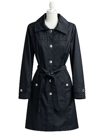 London Fog water resistant, raincoat, black, belted, snap closure, lightweight, business casual, Trenchcoat (view 1)