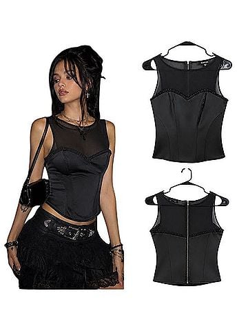 Bebe Y2K Black Mesh Corset Top Satin Bustier Sheer Coquette Top Tank Top (view 1)