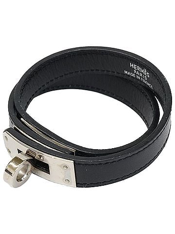 Hermès HERMES Kelly Double Tour Leather Bracelet, Black/Silver, 00s (F stamp), Women's (view 1)