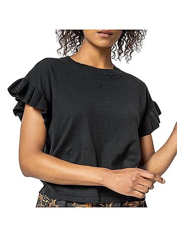 Lilla P Women's Ruffle Sleeve Crew Neck Sweater in Black (view 2)