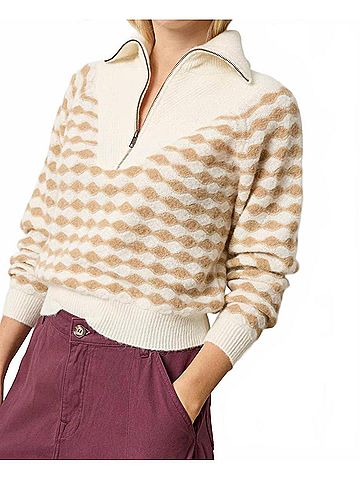 Lilla P Mixed Stitch Half Zip Top in Ivory/Birch Stripe. (view 2)