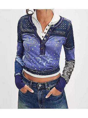 Free People Indie Printed Cuff Top in Indigo Combo (view 2)