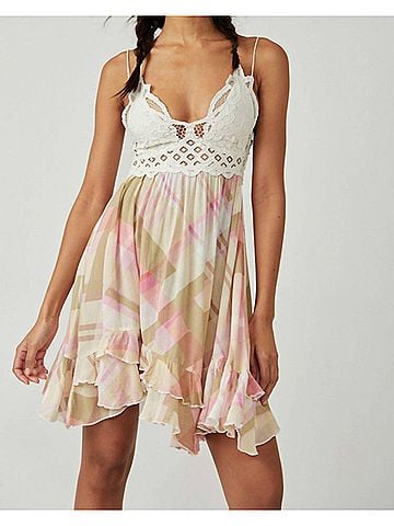 Free People Adella Printed Mini Slip in White/Beige (view 2)