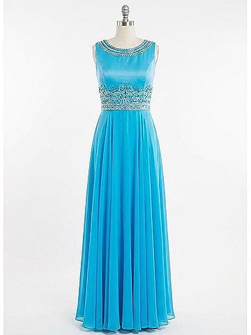 Rachel Allan Boatneck Beaded Chiffon Prom Gown in Turquoise (view 1)