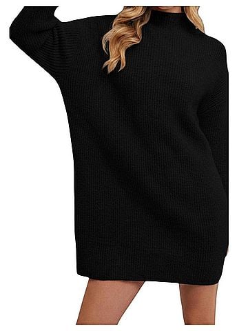 Bluivy Mock Neck Knit Sweater Mini Dress in Black (view 2)