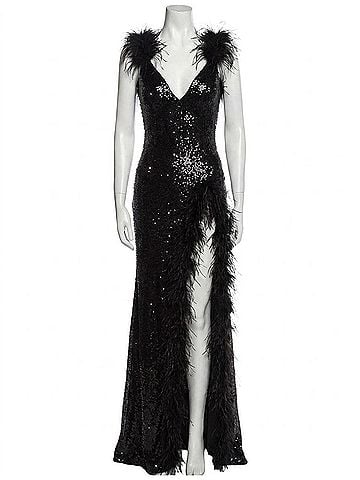 Jovani V-Neckline Feather Accented Strap Open Back Slit Dress in Black (view 1)