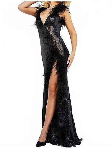 Jovani V-Neckline Feather Accented Strap Open Back Slit Dress in Black (view 2)