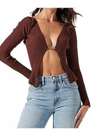 Astr Ribbed Open Front Sweater in Brown (view 2)