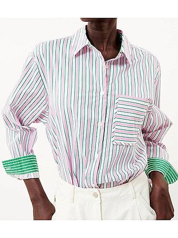 FRNCH Carla Button Down Shirt in Pink/Green Stripe (view 2)