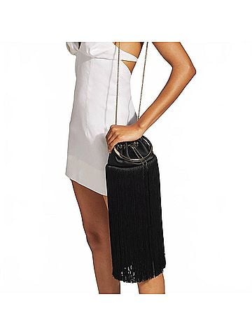Jimmy Choo Bon Bon Small Fringed Satin Bucket Bag in Black (view 2)