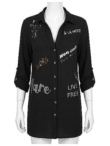 Frank Lyman Design Britta Tunic Length Top With Sequin Wording in Black (view 1)