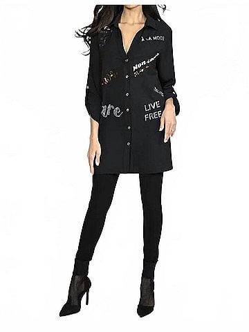 Frank Lyman Design Britta Tunic Length Top With Sequin Wording in Black (view 2)