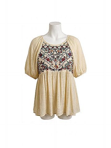 Umgee Floral Embroidered Babydoll Top in Beige (view 1)