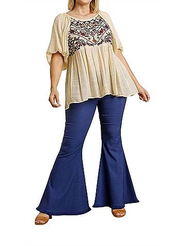 Umgee Floral Embroidered Babydoll Top in Beige (view 2)