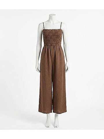 Bella Dahl Wide Leg Smocked Ruffle Jumpsuit in Botanical Brown (view 1)