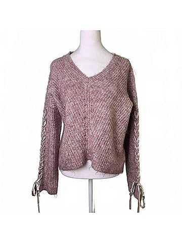 Hem & Thread Women's Ribbon Sleeve Accents Sweater in Pink/Mauve (view 1)