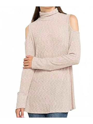Mittoshop Mock Turtleneck Cold Shoulder Top in Taupe (view 2)