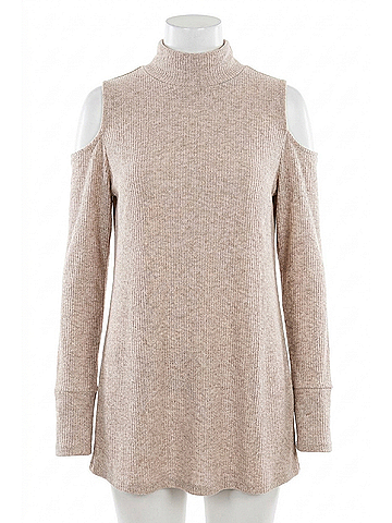 Mittoshop Mock Turtleneck Cold Shoulder Top in Taupe (view 1)