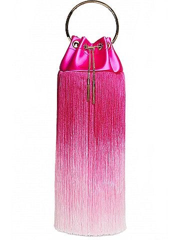 Jimmy Choo Bon Bon Small Fringed Satin Bucket Bag in Fuchsia (view 1)
