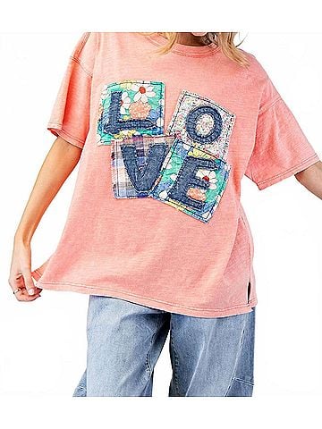 Easel Love Patch Mineral Washed Slub Tee in Salmon (view 2)