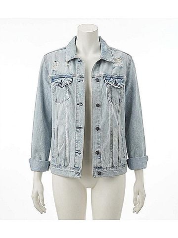 Risen Relaxed Vintage Distressed Denim Jacket in Light Wash (view 1)
