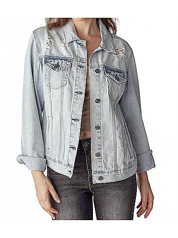 Risen Relaxed Vintage Distressed Denim Jacket in Light Wash (view 2)