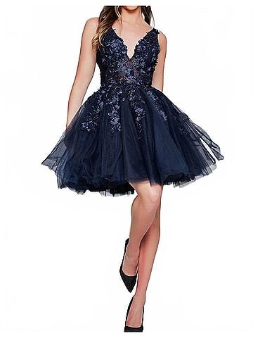Jovani Fit And Flare Floral Applique Dress in Navy/Black (view 2)