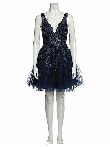Jovani Fit And Flare Floral Applique Dress in Navy/Black (view 1)