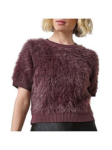 Lilla P Short Sleeve Brushed Crew Sweater in Rasin (view 2)