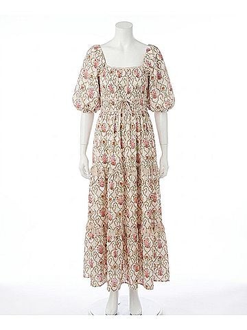 Peach Love Sabrina Poplin Puff Sleeve Floral Maxi Dress in Off-White (view 1)