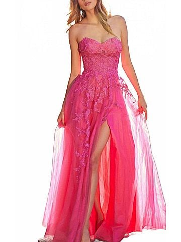 Jovani Sweetheart Lace Appliqued Dress in Hot Pink (view 2)