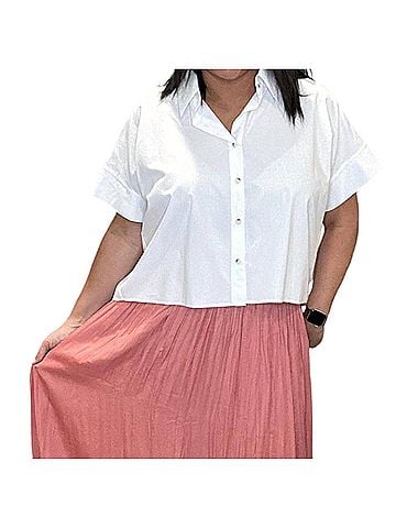 Easel Cropped Crisp Button Down Shirt in White (view 2)