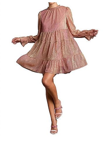 Umgee Rhinestone Embellished Tiered Metallic Dress in Rose Gold (view 2)