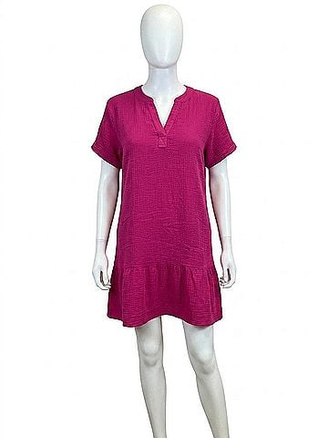 Bobi Split Neck Ruffle Hem Dress in Fuchsia (view 1)