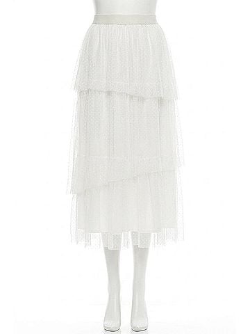 Mystree Whimsical Layers Asymetrical Ruffle Tulle Midi Skirt in Cream (view 1)