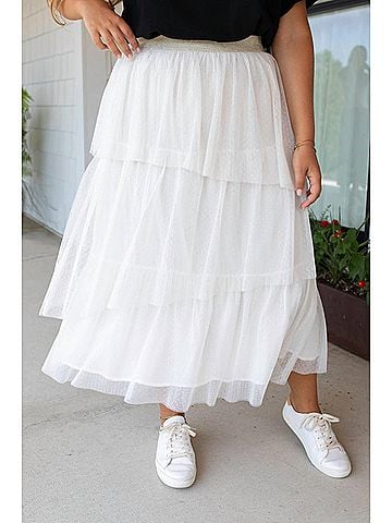 Mystree Whimsical Layers Asymetrical Ruffle Tulle Midi Skirt in Cream (view 2)