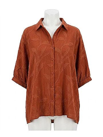 Umgee Leafy Button Down Blouse in Rust (view 1)