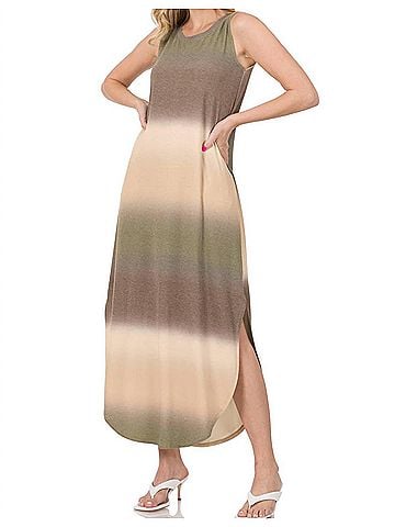 Zenana Multi Maxi Dress in Olive/Brown (view 2)