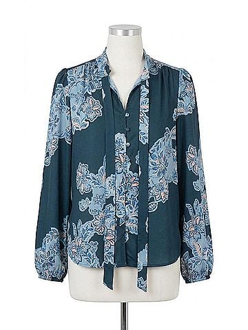 Greylin Cierra Button Up Tie Neck Blouse in Teal (view 1)