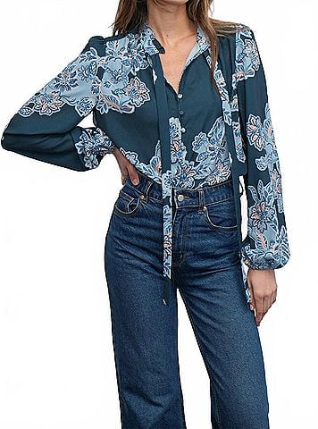 Greylin Cierra Button Up Tie Neck Blouse in Teal (view 2)