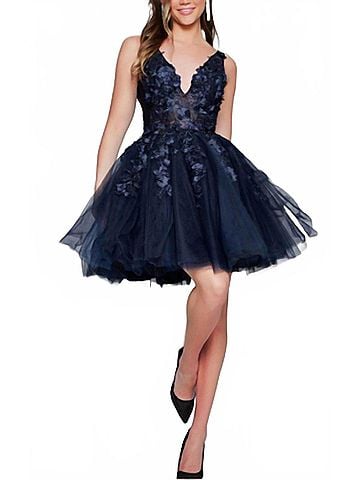 Jovani Fit &amp; Flare Tulle Cocktail Dress in Navy Black (view 2)