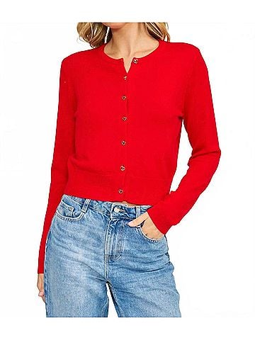 Lucy Paris Celeste Heart Button Cardigan in Red (view 2)